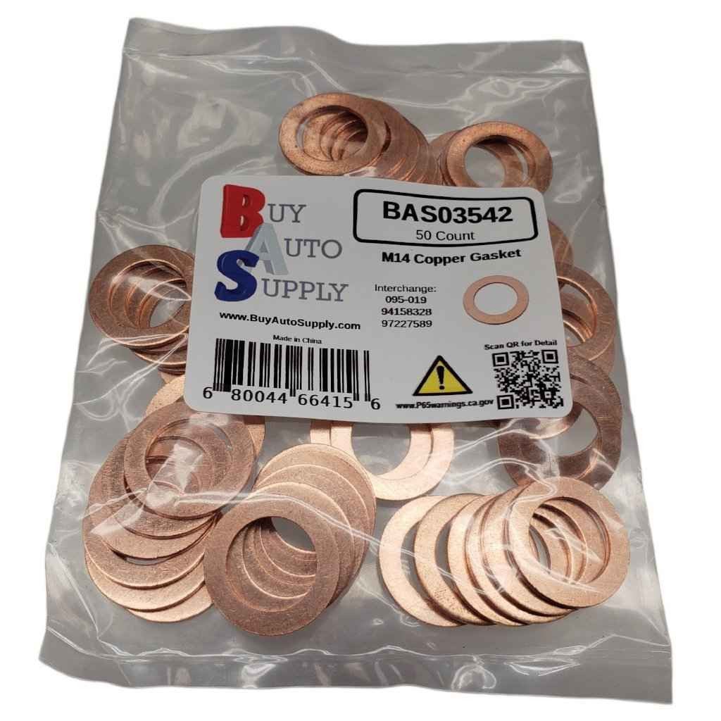 Bag of 50 M14 GM Style Copper Drain Plug Gasket - Interchanges: Dorman 095019, GM 94158328, 97227589, Chrysler T3061028, Ford E9DZ-6734-A, F4TZ-6734-A, F4TZ-6734-B
