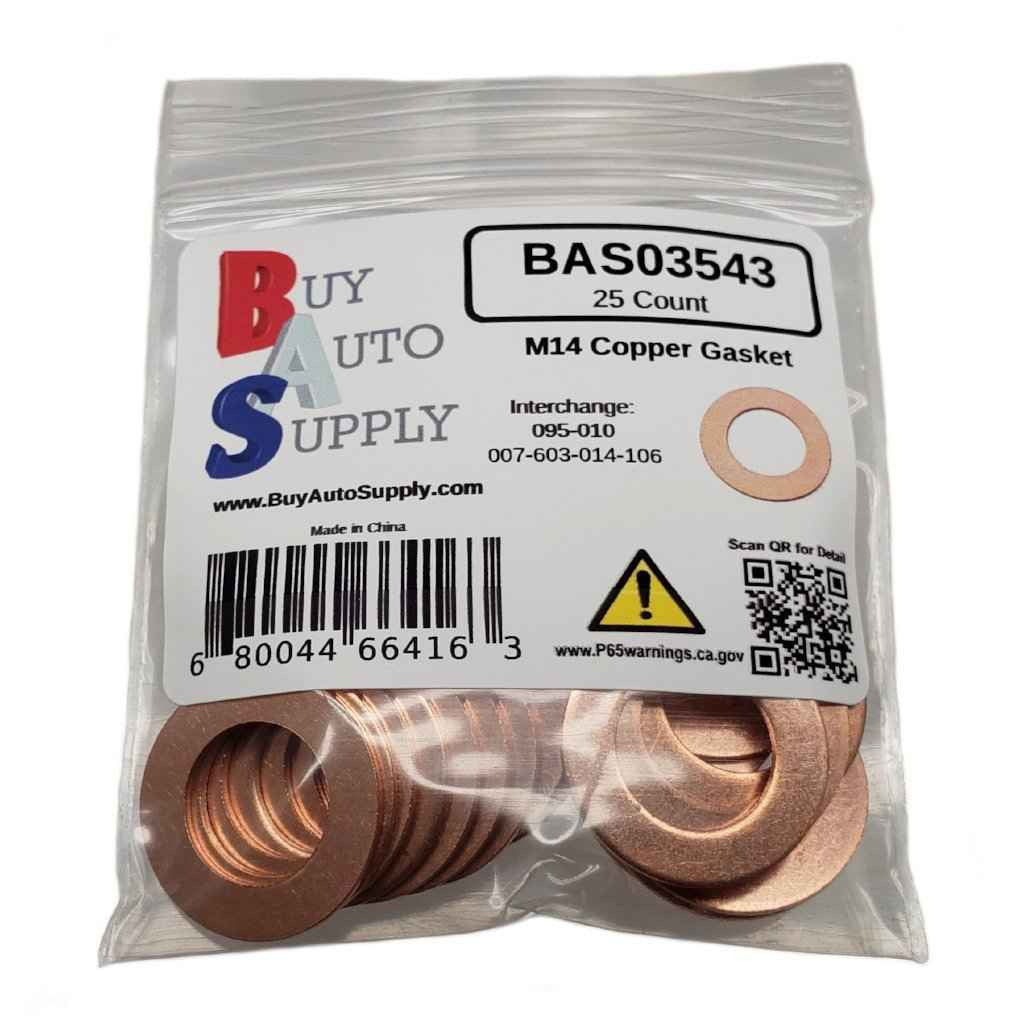 Bag of 25 M14 Copper Drain Plug Gasket - Interchanges: Dorman 095-010, GM 94000374, Chrysler J4200173, Ford 3C3E-6734-AA, F6DZ-6734-AA, Mercedes 007603014106