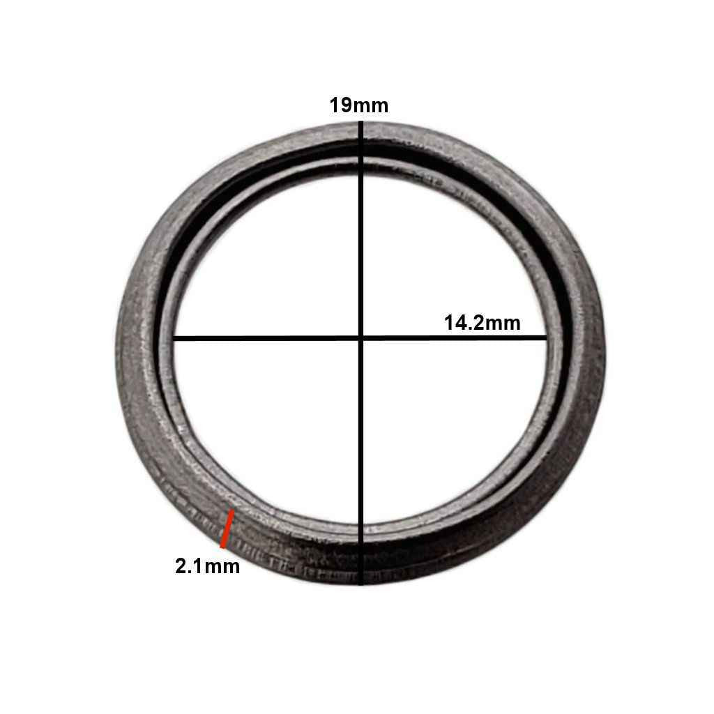 Measurements on M14 Crush Washer Drain Plug Gasket - Interchanges: Dorman 095-141, Hyundai Kia 2151321000, Mazda 1345-10-406A, AM01-10-403, Mitsubishi MD050317, Volkswagen N-013-815-2, N-013-815-6