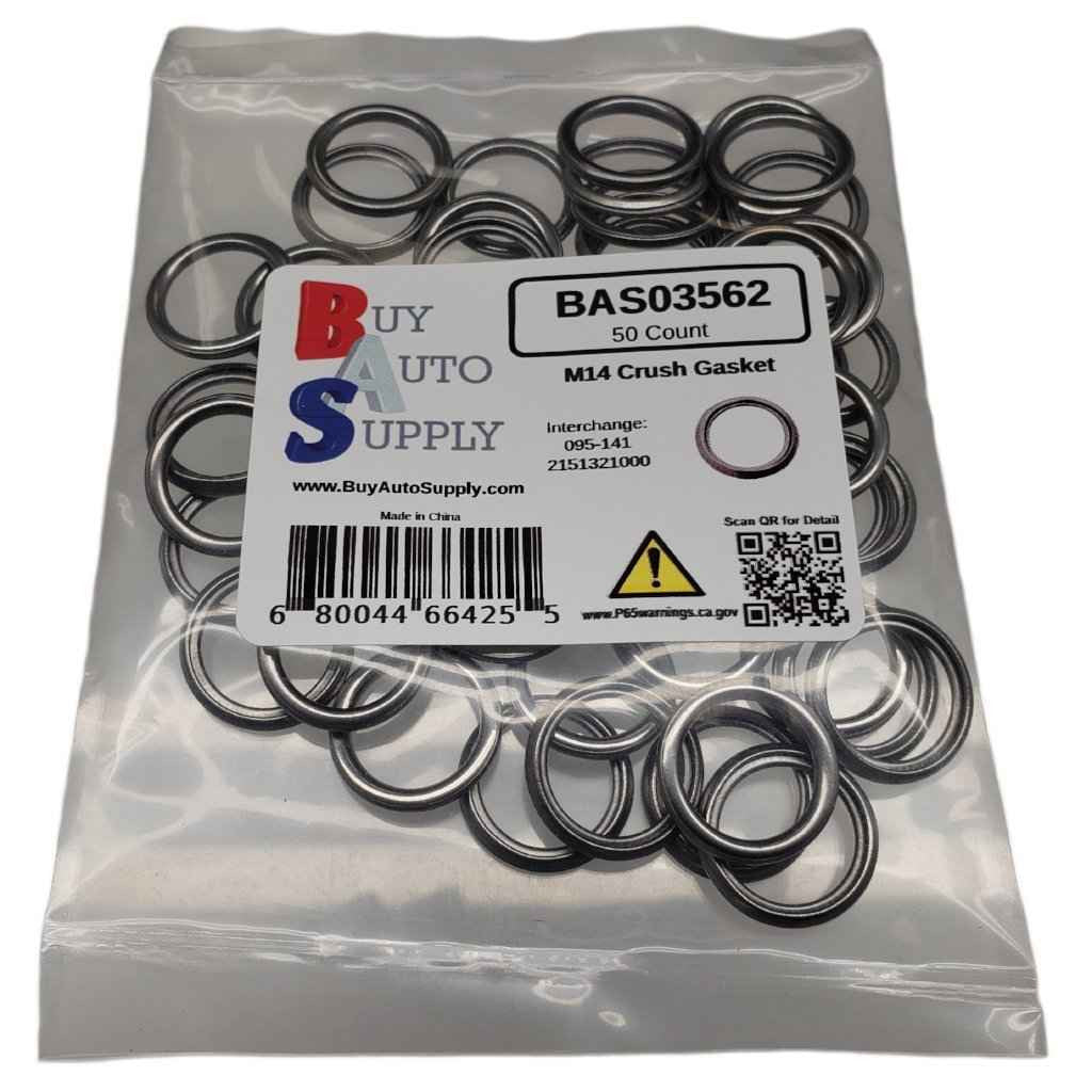Bag of 50 M14 Crush Washer Drain Plug Gasket - Interchanges: Dorman 095-141, Hyundai Kia 2151321000, Mazda 1345-10-406A, AM01-10-403, Mitsubishi MD050317, Volkswagen N-013-815-2, N-013-815-6