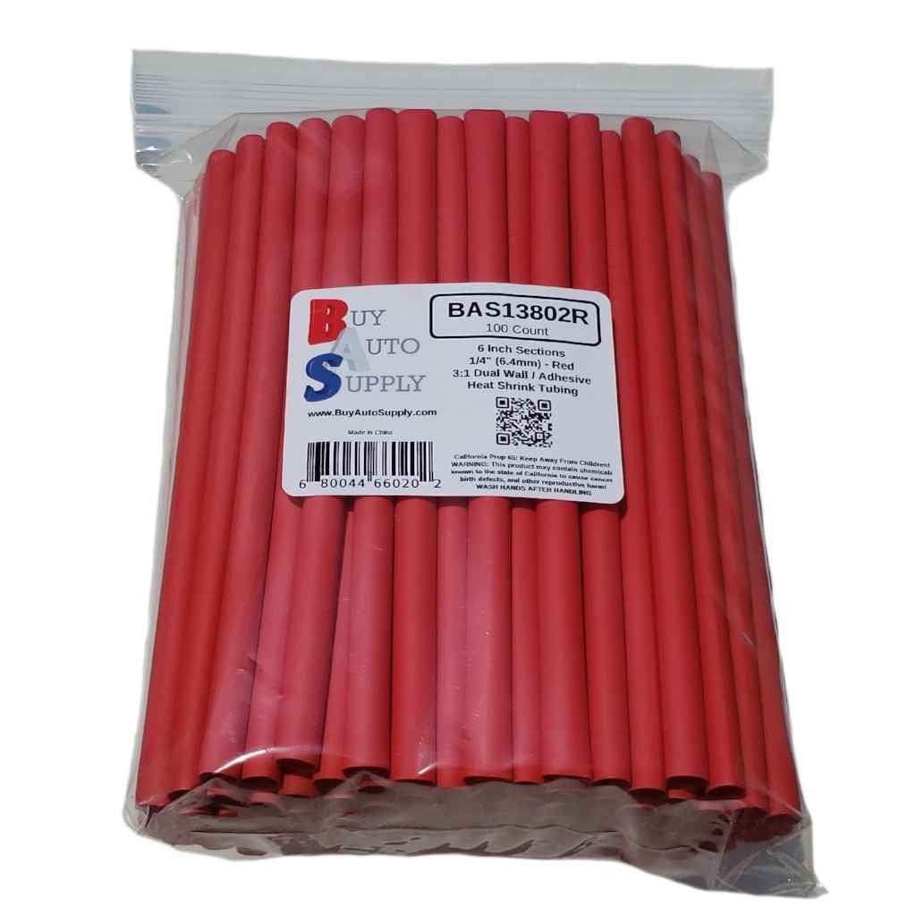 Bag of 100 Red 1/4" 3:1 Dual Wall Heat Shrink Tube -6 Inch Sections - Adhesive Lined