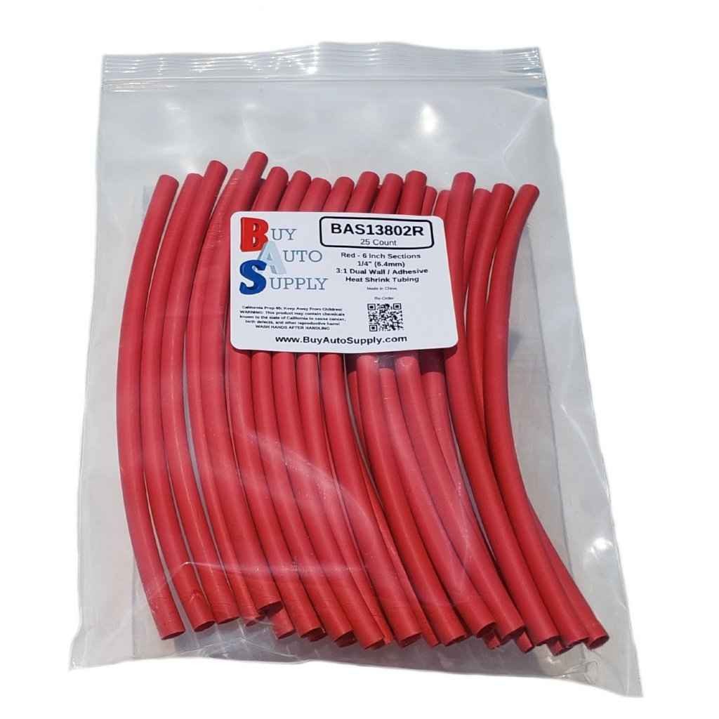 Bag of 25 Red 1/4" 3:1 Dual Wall Heat Shrink Tube -6 Inch Sections - Adhesive Lined