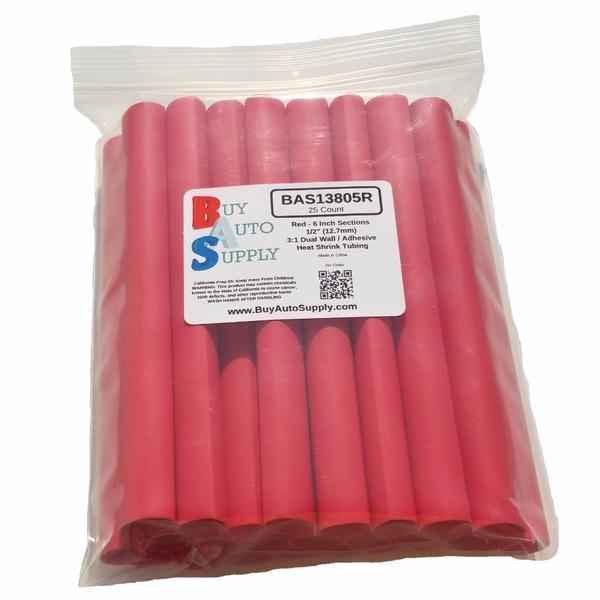 Bag of 25 Red 1/2" 3:1 Dual Wall Heat Shrink Tube - 6 Inch Lengths - Adhesive Lined